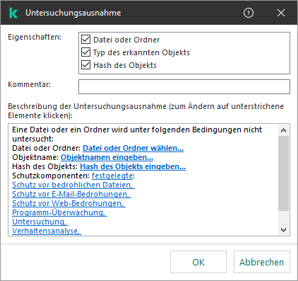 Ein Fenster mit Auswahlwerkzeugen für Ausnahmen. Der Benutzer kann eine Datei oder einen Ordner auswählen bzw. einen Objektnamen oder Hash eingeben.