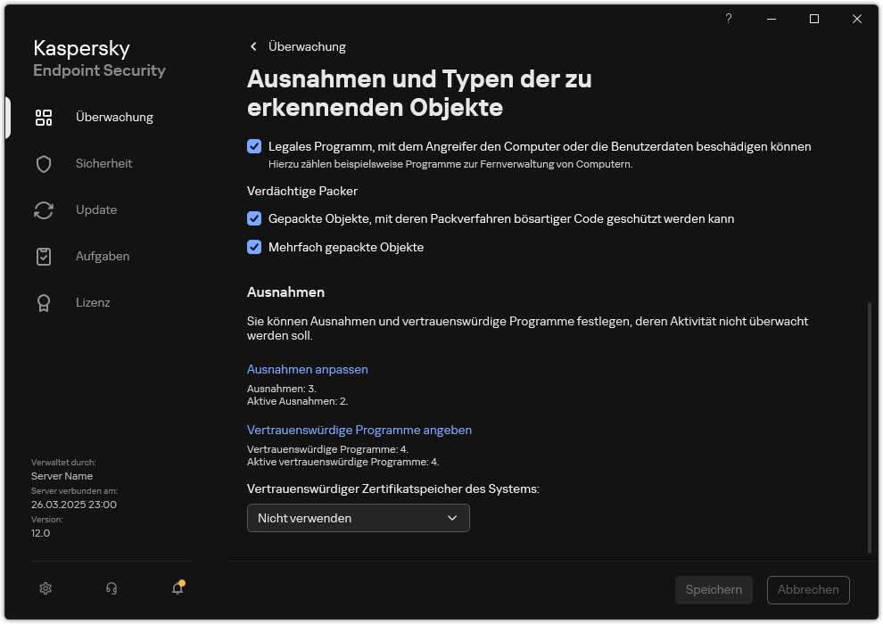Fenster mit Einstellungen für Ausnahmen. Der Benutzer kann Ausnahmen und vertrauenswürdige Apps hinzufügen.
