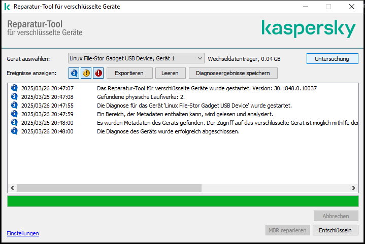 Ein Fenster mit einer Liste der Utility-Ereignisse. Der Benutzer kann eine Diagnose ausführen und das ausgewählte Gerät entschlüsseln.