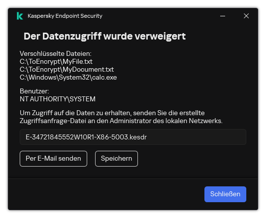 Ein Fenster mit einer Zugriffsanfrage-Datei für verschlüsselte Daten. Der Benutzer kann die generierte Datei auf der Festplatte speichern oder per E-Mail versenden.