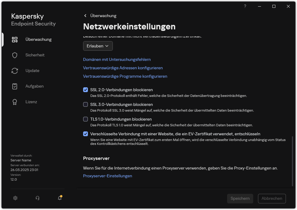 Fenster mit den Netzwerkeinstellungen für die App.