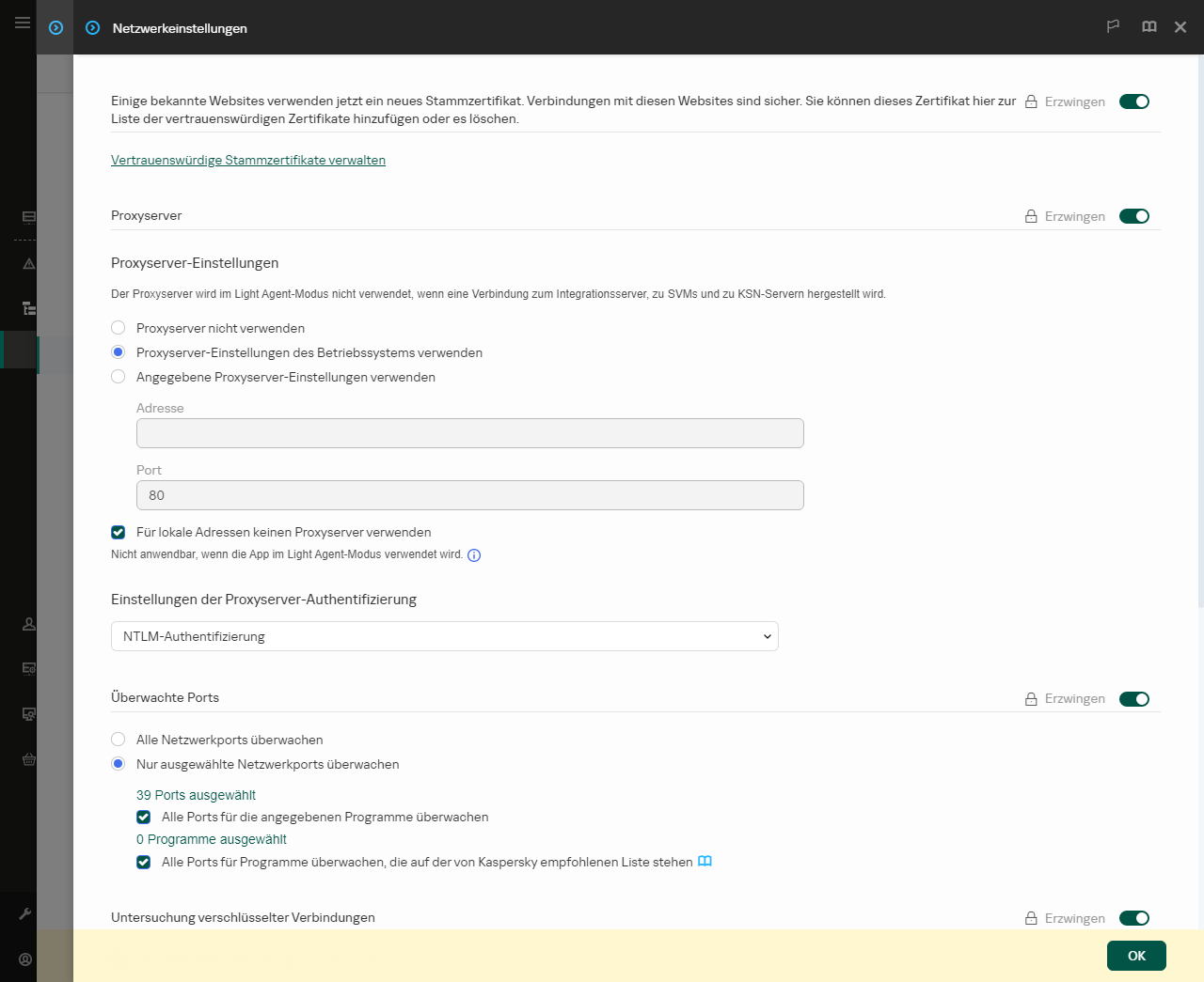 Fenster mit den Netzwerkeinstellungen für die App. Der Benutzer kann die Proxyserver-Einstellungen konfigurieren.