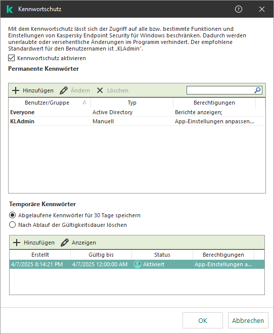 Fenster zur Verwaltung von temporären Kennwörtern.
