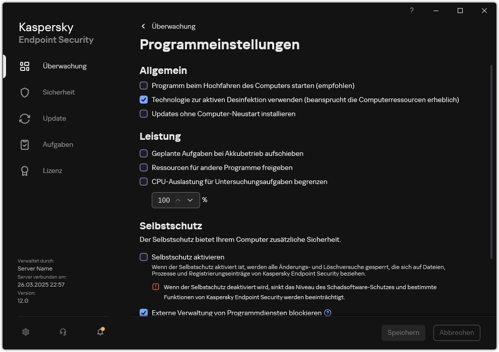 Fenster mit den App-Einstellungen. Der Benutzer kann Leistung, Selbstschutz und sonstige Einstellungen konfigurieren.