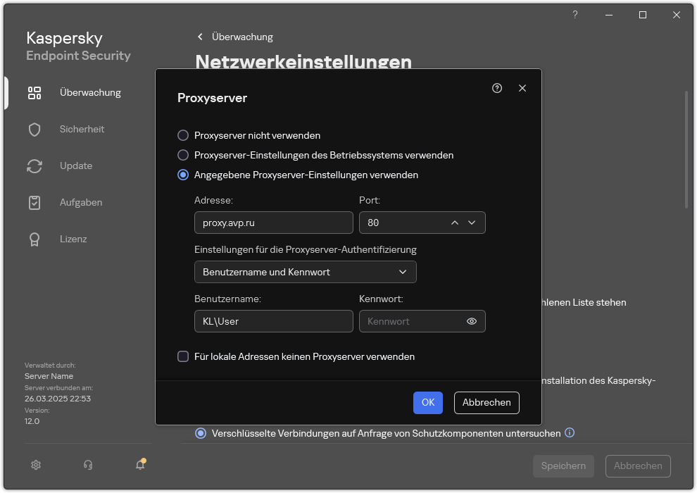 Das Fenster zum Konfigurieren der Proxyserver-Verbindung. Der Benutzer kann die Adresse des Proxyservers und Anmeldedaten für die Verbindung mit dem Proxyserver festlegen.
