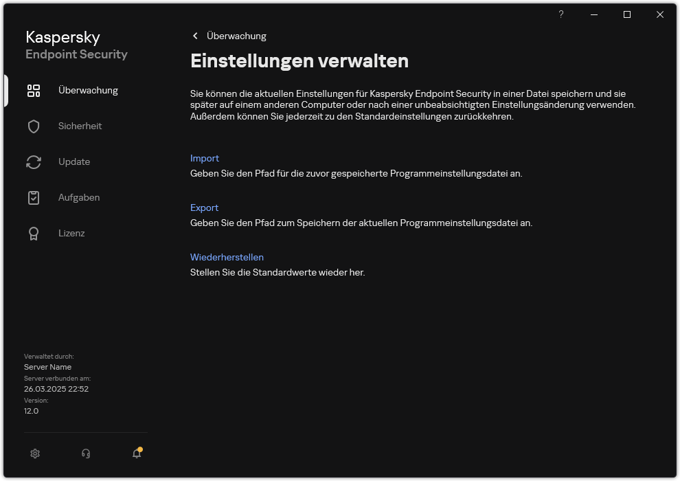 Fenster mit Einstellungen für Ausnahmen. Der Benutzer kann App-Einstellungen exportieren, importieren oder wiederherstellen.