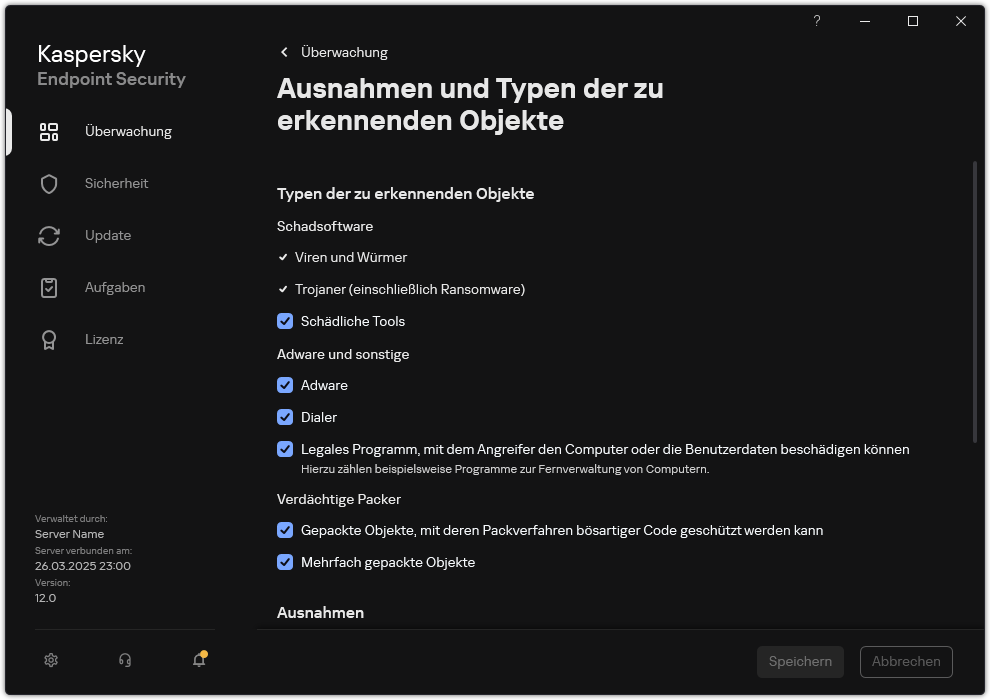 Fenster mit Einstellungen für Ausnahmen. Der Benutzer kann die Typen der zu erkennenden Objekte auswählen und Objekte zu den Ausnahmen hinzufügen.