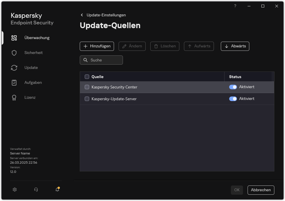 Ein Fenster mit einer Liste der Update-Quellen. Der Benutzer kann Update-Quellen hinzufügen und jeder Quelle eine Priorität zuweisen.