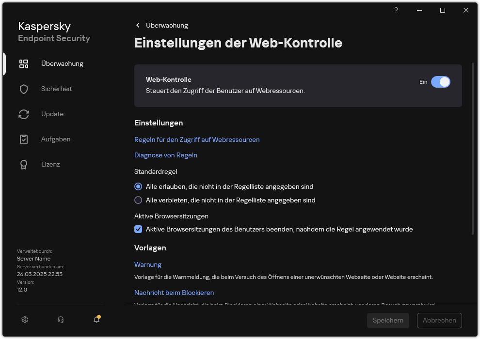 Fenster mit den Einstellungen der Web-Kontrolle.