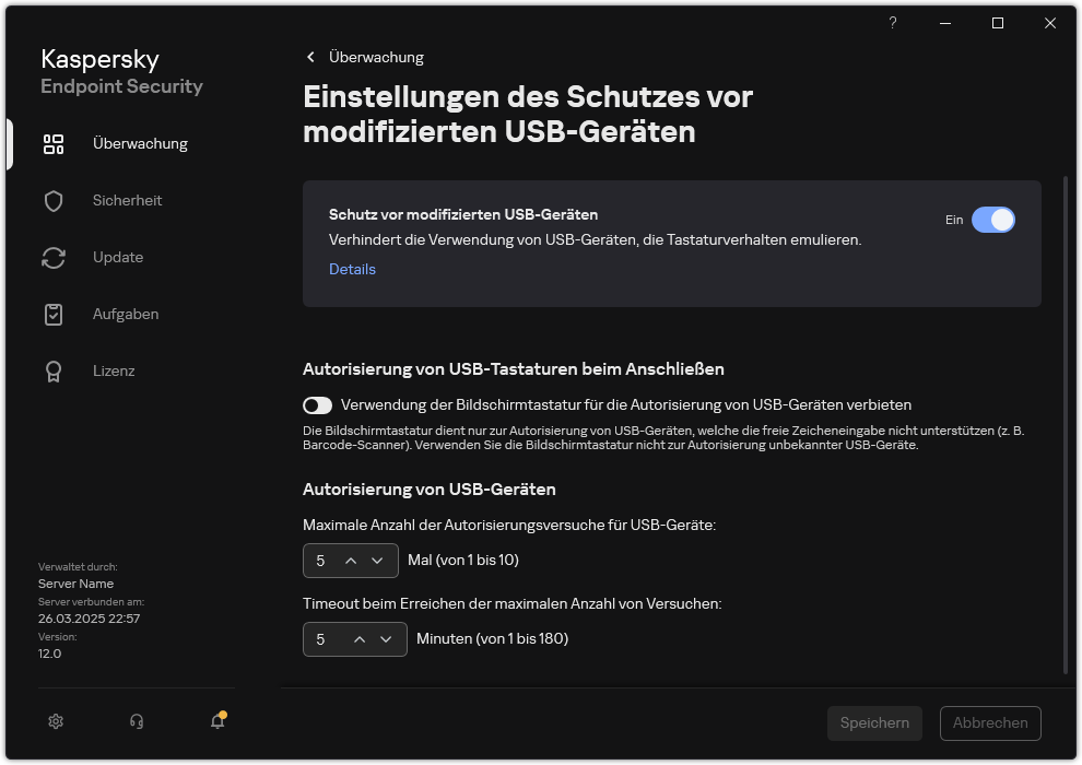 Fenster mit Einstellungen für den Schutz vor modifizierten USB-Geräten.