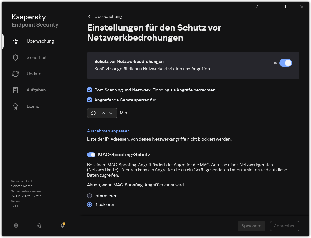Fenster mit den Einstellungen für &bdquo;Schutzes vor Netzwerkbedrohungen&ldquo;