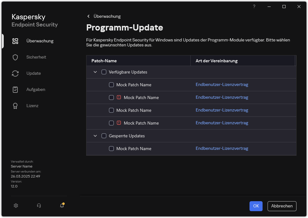 Fenster mit einer Liste der verfügbaren Patches. Der Benutzer kann Patches auswählen und die Bedingungen der Vereinbarungen akzeptieren.