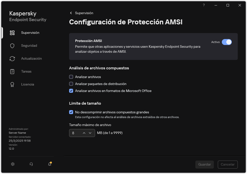 Ventana Configuración de Protección AMSI.