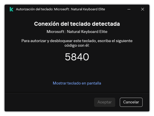 La ventana con el código de autorización del teclado. El usuario puede activar el teclado en pantalla e introducir el código.