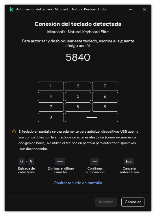 La ventana con el código de autorización del teclado y el teclado en pantalla. El usuario puede introducir el código.