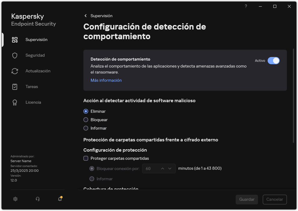 Ventana Configuración de detección de comportamiento.
