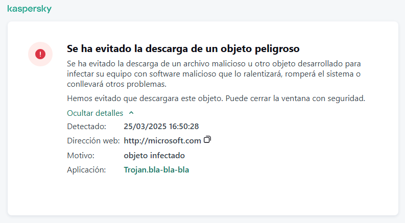 Notificación de Kaspersky sobre cómo evitar que un objeto malicioso se cargue en la ventana del navegador.