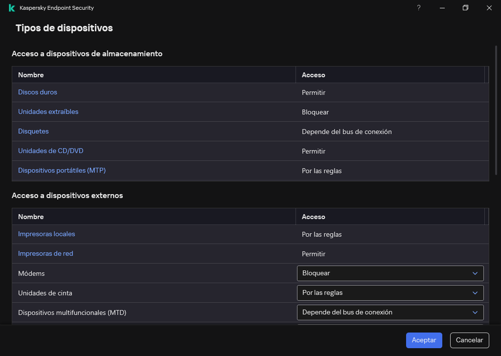 Ventana para configurar el acceso a los dispositivos. El usuario puede configurar el acceso a los dispositivos y establecer parámetros de acceso adicionales, como el horario de acceso.