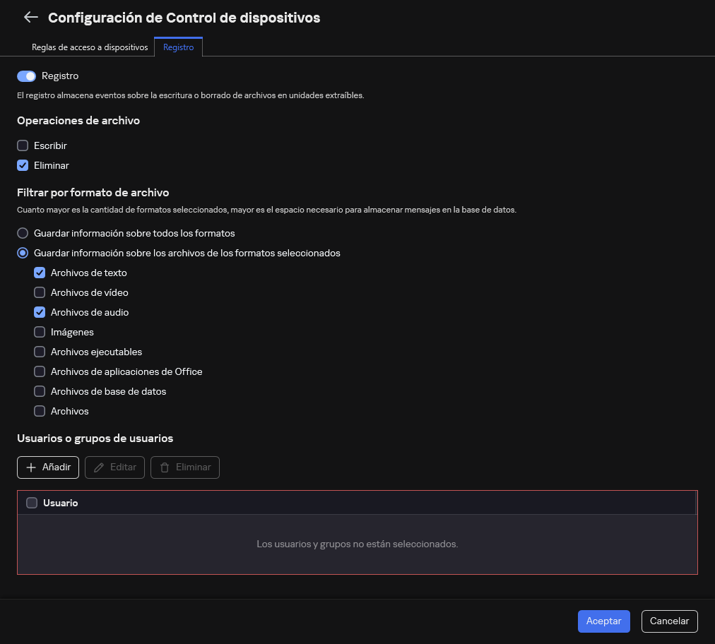 La ventana para configurar el registro de eventos sobre el uso de unidades extraíbles. El usuario puede seleccionar los eventos que se van a registrar.