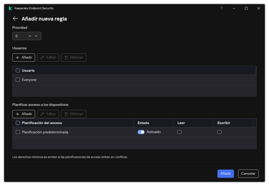 Ventana de configuración de reglas de Control de dispositivos. El usuario puede asignar la prioridad de la regla, agregar usuarios a la regla y establecer la programación de la regla.