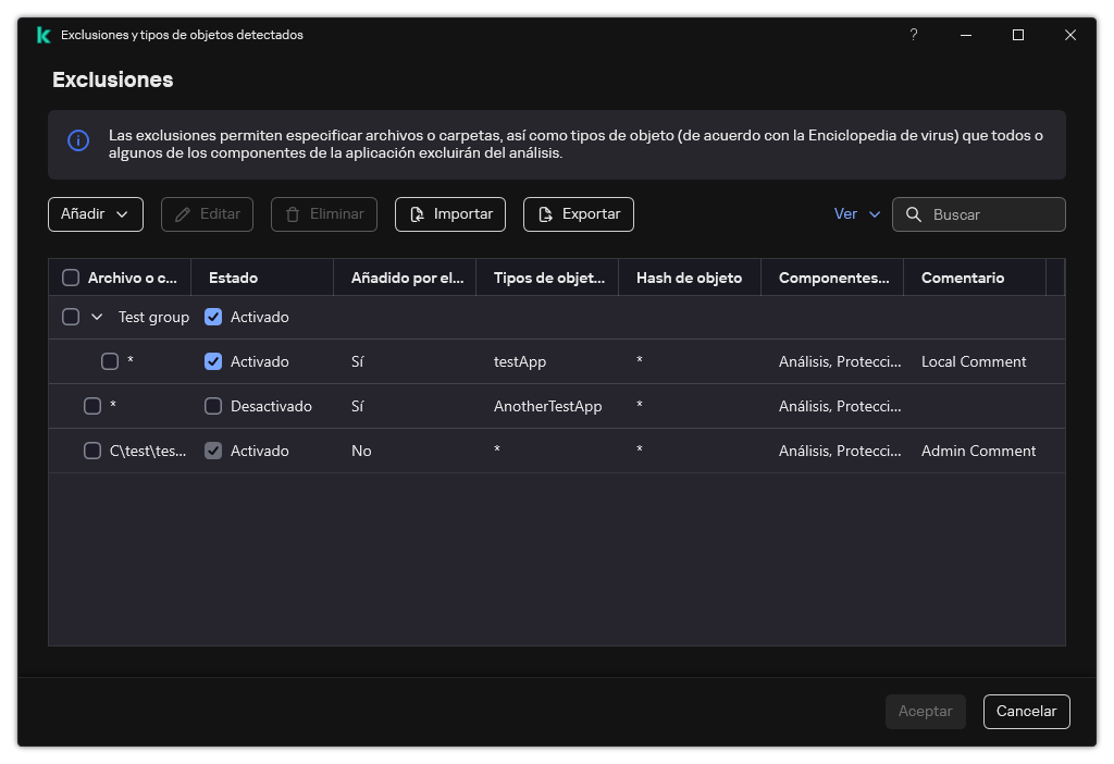 Una ventana con la lista de exclusiones. Se muestran las propiedades de exclusión. El usuario puede añadir, editar o eliminar exclusiones.
