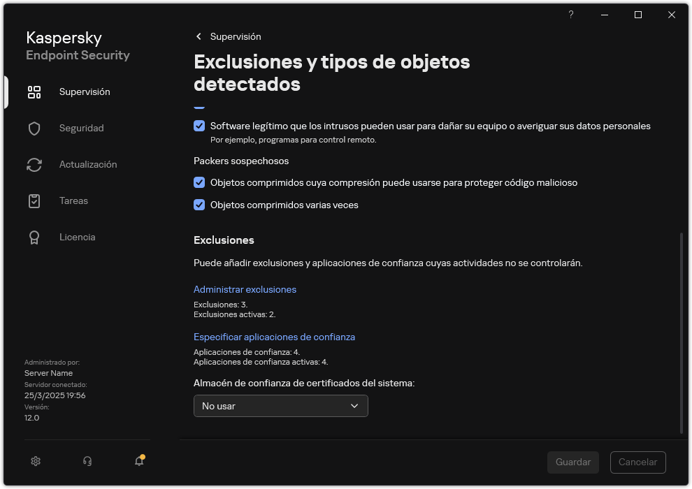 Ventana de configuración de exclusiones. El usuario puede añadir exclusiones y aplicaciones de confianza.