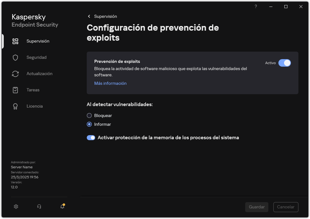 Ventana Configuración de Prevención de exploits