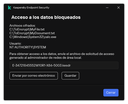 Una ventana con un archivo de solicitud para acceder a datos cifrados. El usuario puede guardar el archivo generado en el disco o enviarlo por correo electrónico.