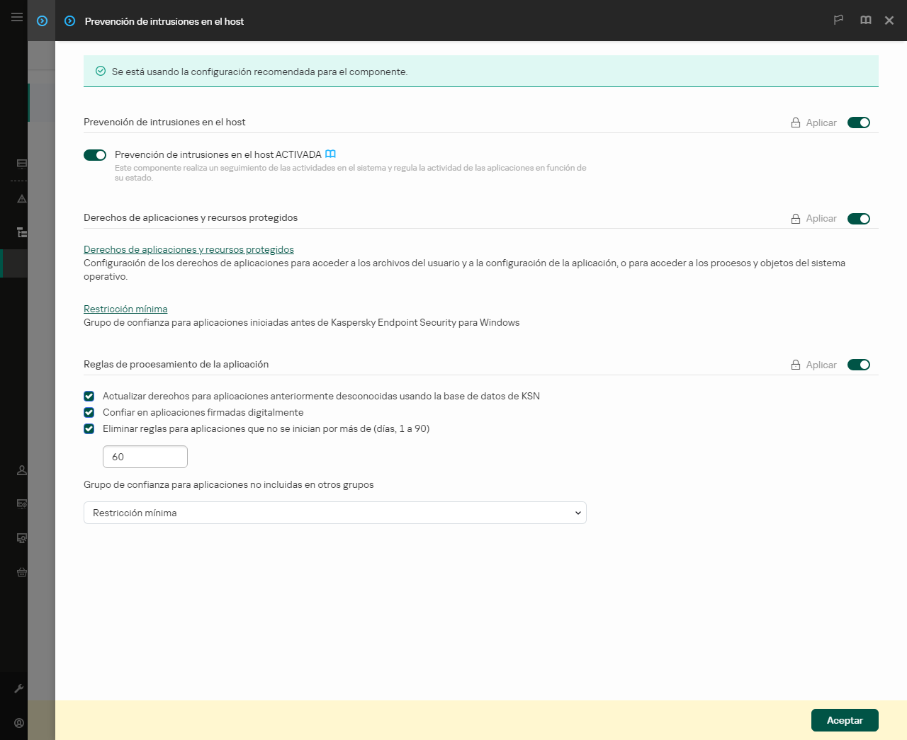 Ventana Configuración de Prevención de intrusiones.