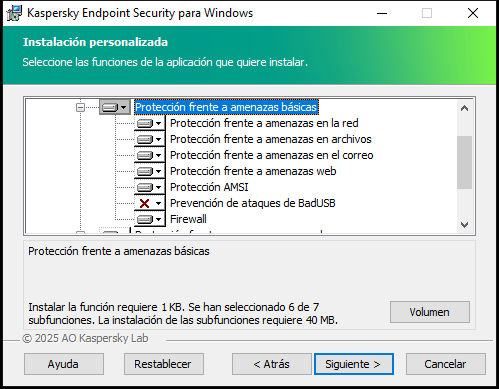 Ventana del instalador con una lista de componentes que un usuario puede seleccionar.