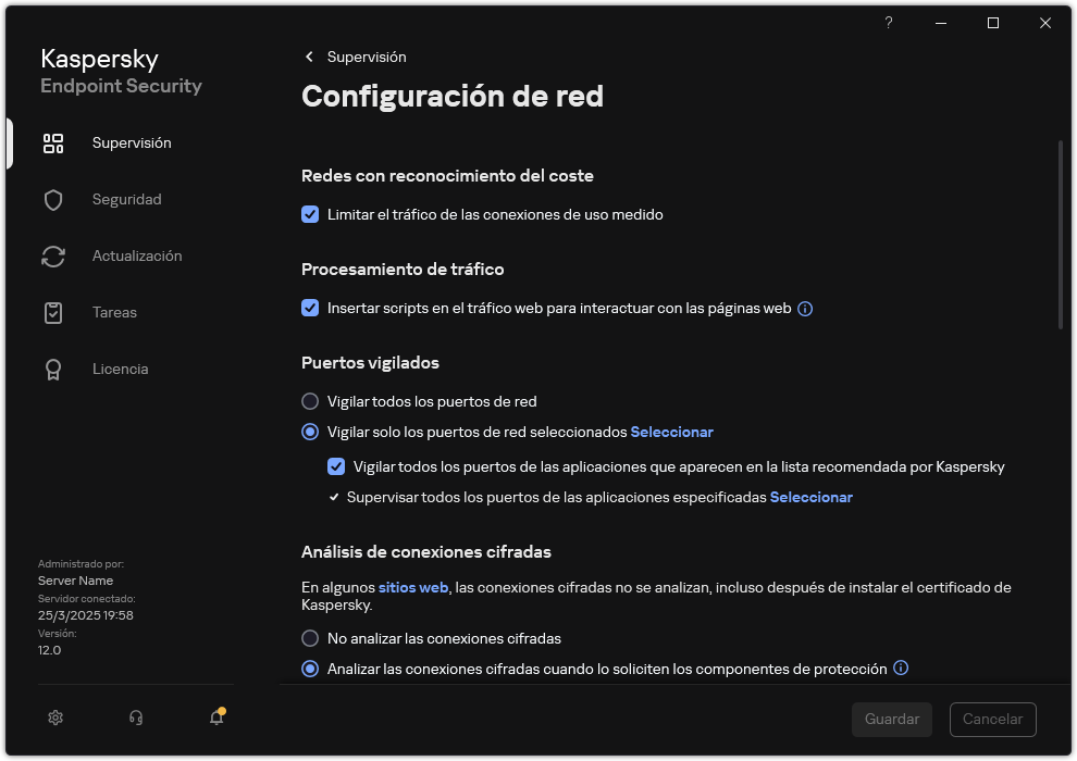 Ventana de configuración de red de la aplicación.