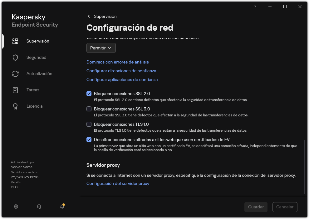 Ventana de configuración de red de la aplicación.