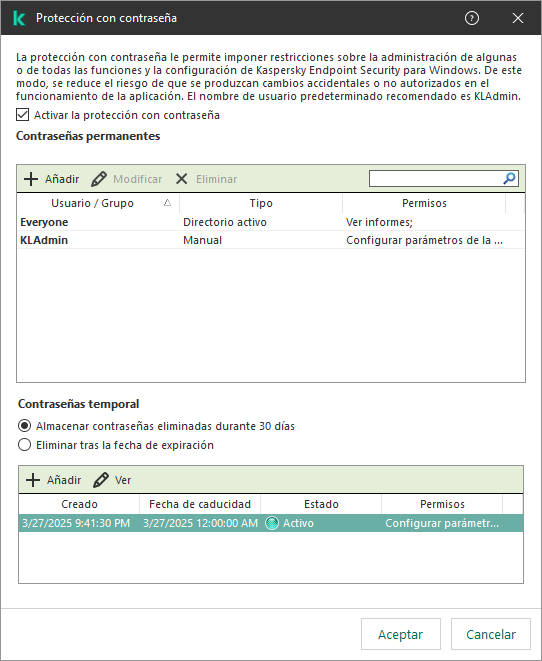Ventana de administración de contraseñas temporales.