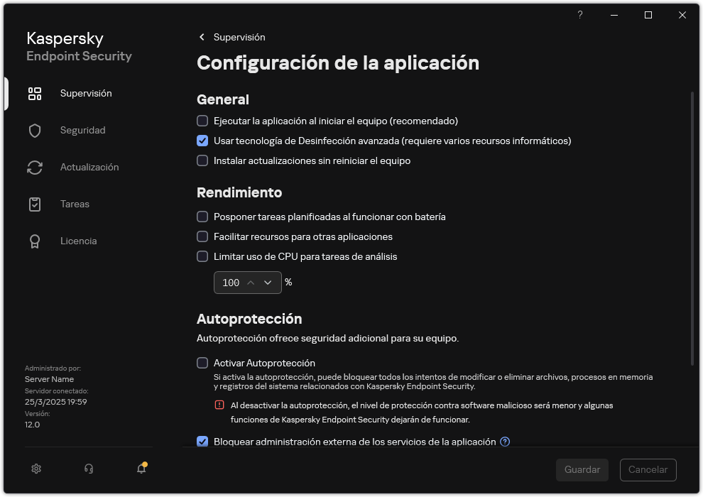 Ventana Configuración de la aplicación. El usuario puede configurar el rendimiento, la autodefensa y otros ajustes.