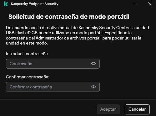 La ventana contiene campos para introducir y confirmar la contraseña.