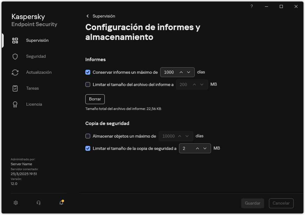 Ventana de configuración de informes y almacenamiento. El usuario puede establecer el tamaño y limitar el tiempo de almacenamiento de informes y objetos en el repositorio.