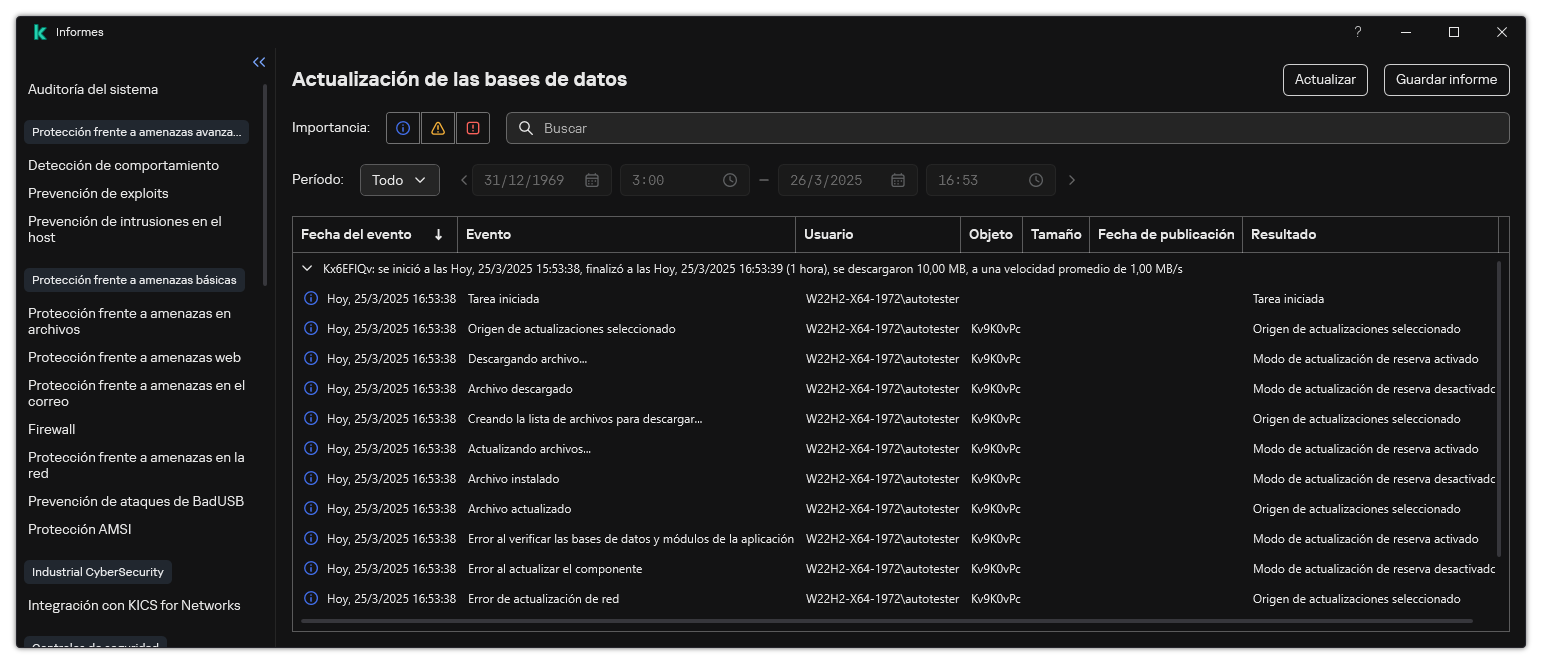 Una ventana con la lista de eventos del informe. El usuario puede filtrar/ordenar eventos y guardar informes en un archivo.