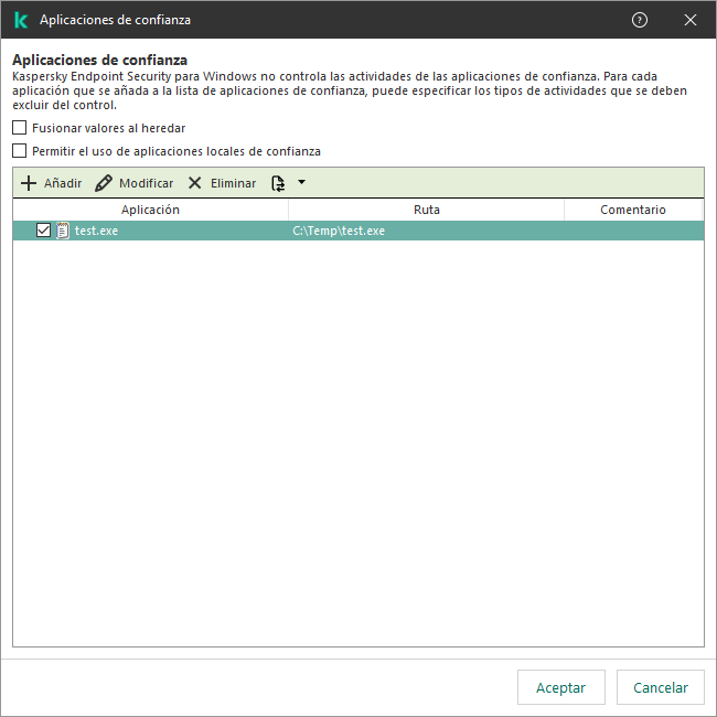 Una ventana con la lista de aplicaciones de confianza. El usuario puede agregar, editar o eliminar una aplicación de confianza.
