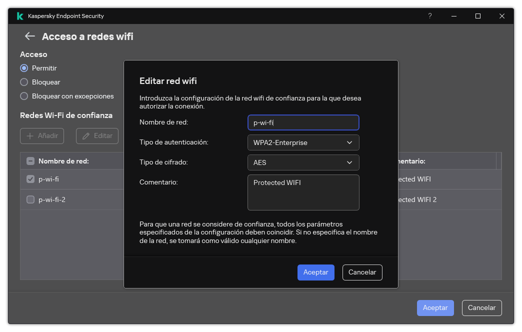 La ventana contiene la configuración de la red wifi de confianza.