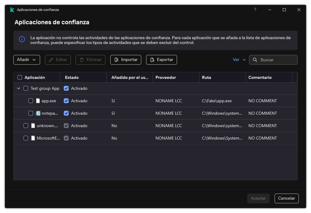 Una ventana con la lista de aplicaciones de confianza. El usuario puede agregar, editar o eliminar una aplicación de confianza.