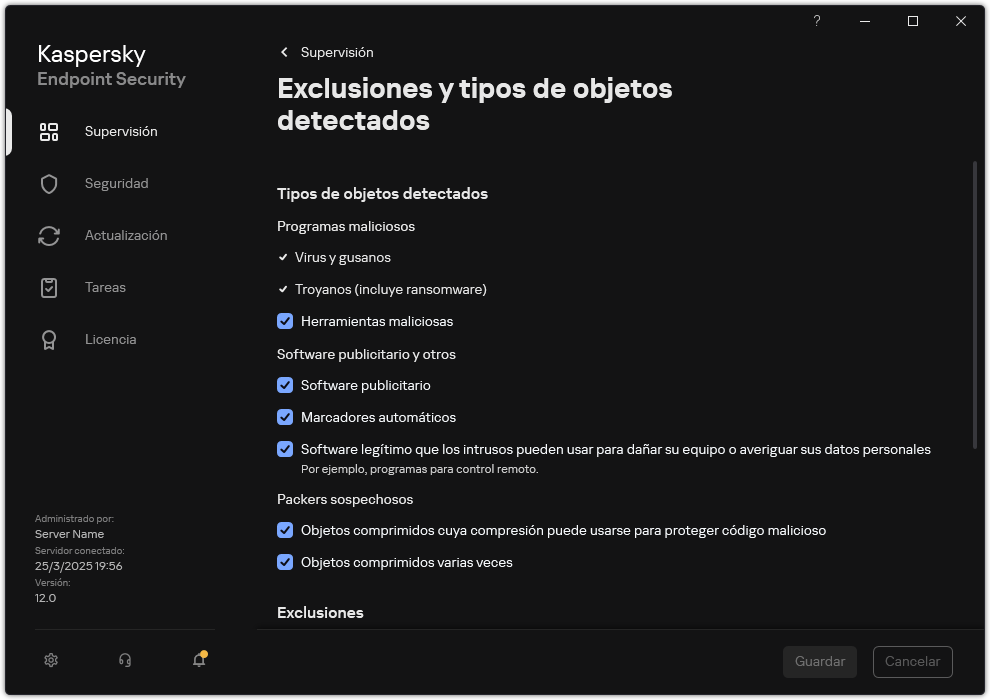Ventana de configuración de exclusiones. El usuario puede seleccionar tipos de objetos detectados y añadir objetos a exclusiones.