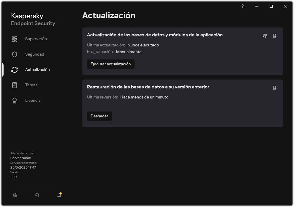 Una ventana con la lista de tareas de actualización locales. El usuario puede iniciar la actualización de bases de datos y módulos de aplicación, así como revertir la última actualización.