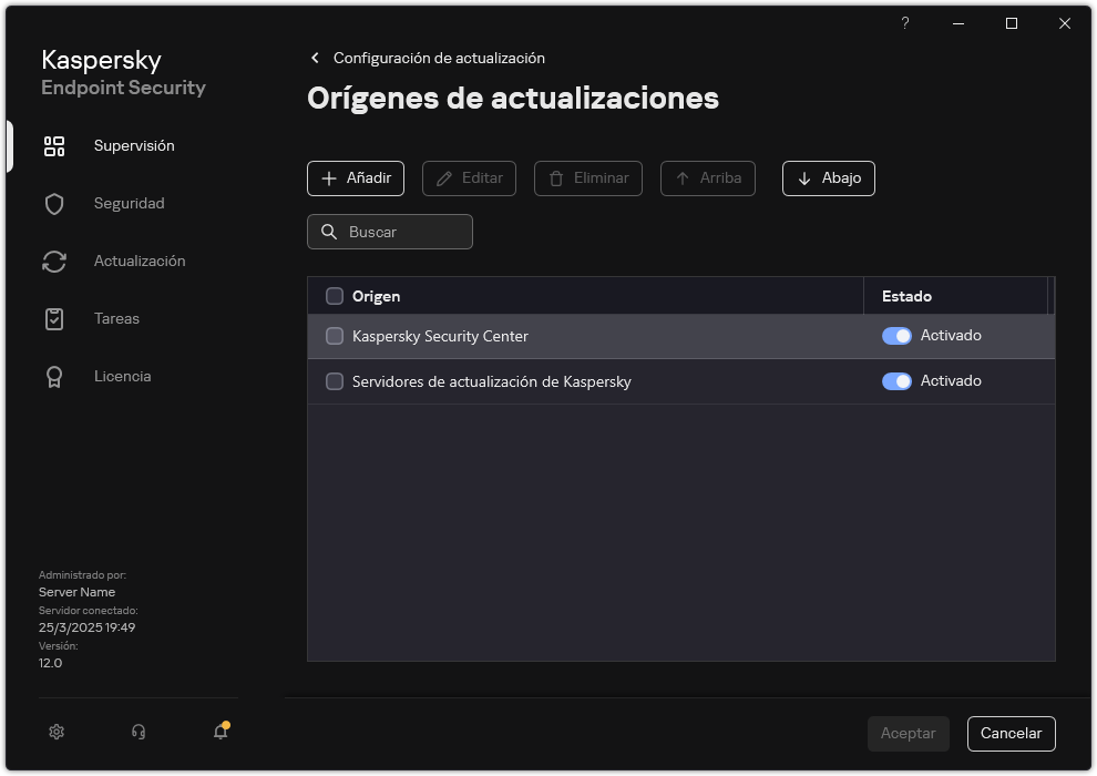 Una ventana con la lista de fuentes de actualización. El usuario puede agregar fuentes de actualización y asignar una prioridad a la fuente.