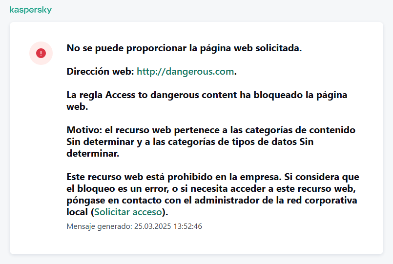 Notificación de Kaspersky sobre el bloqueo del acceso a la página web en la ventana del navegador. El usuario puede crear una solicitud para acceder al recurso web.