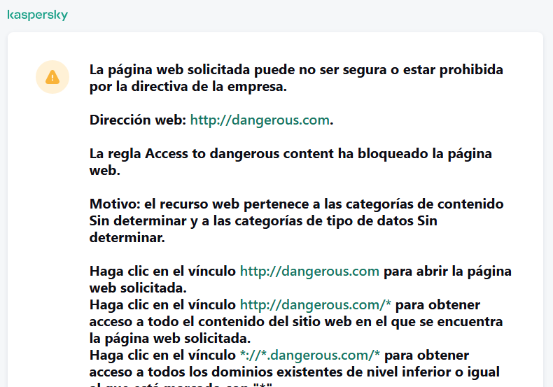 Notificación de Kaspersky sobre la visita a una página web potencialmente no segura en la ventana del navegador. El usuario puede crear una solicitud para acceder al recurso web.