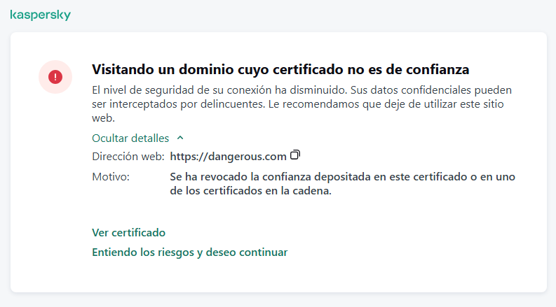 Notificación de Kaspersky sobre la visita a un dominio con un certificado que no es de confianza en la ventana del navegador. El usuario puede seguir trabajando.