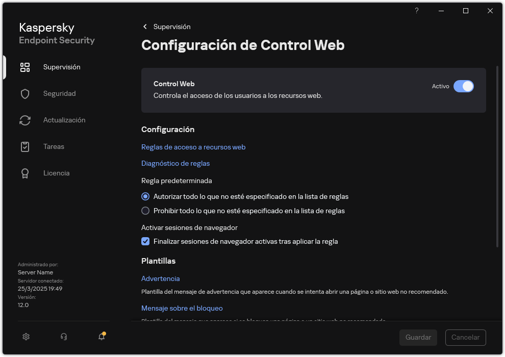 Ventana de configuración de Control Web.