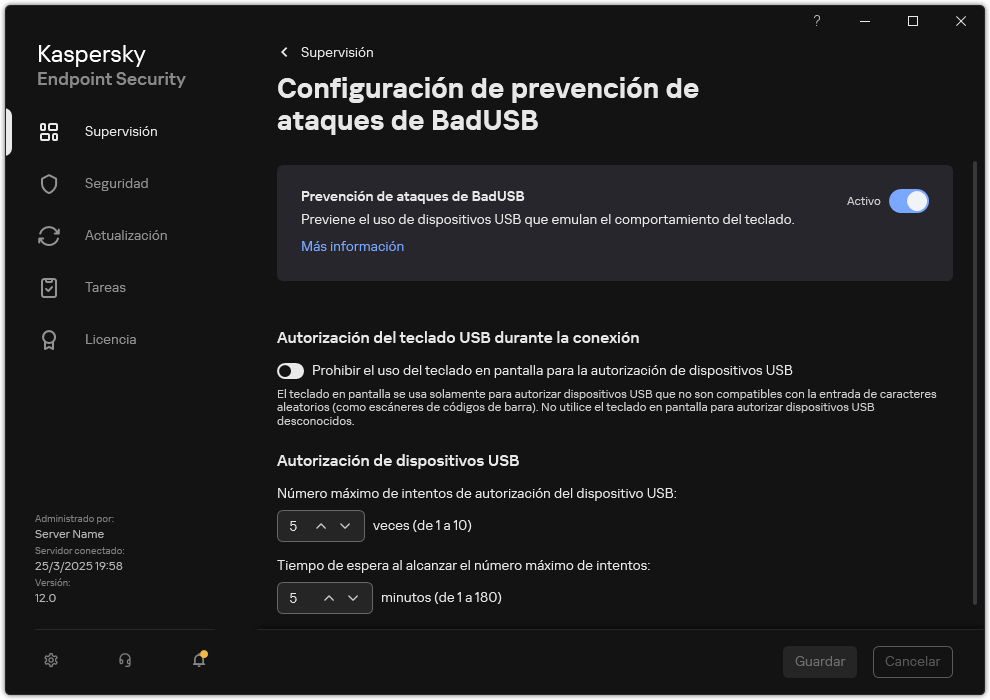 Ventana de configuración de Prevención de ataques de BadUSB.