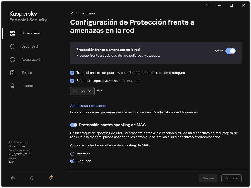 Ventana Parámetros de Protección frente a amenazas en la red