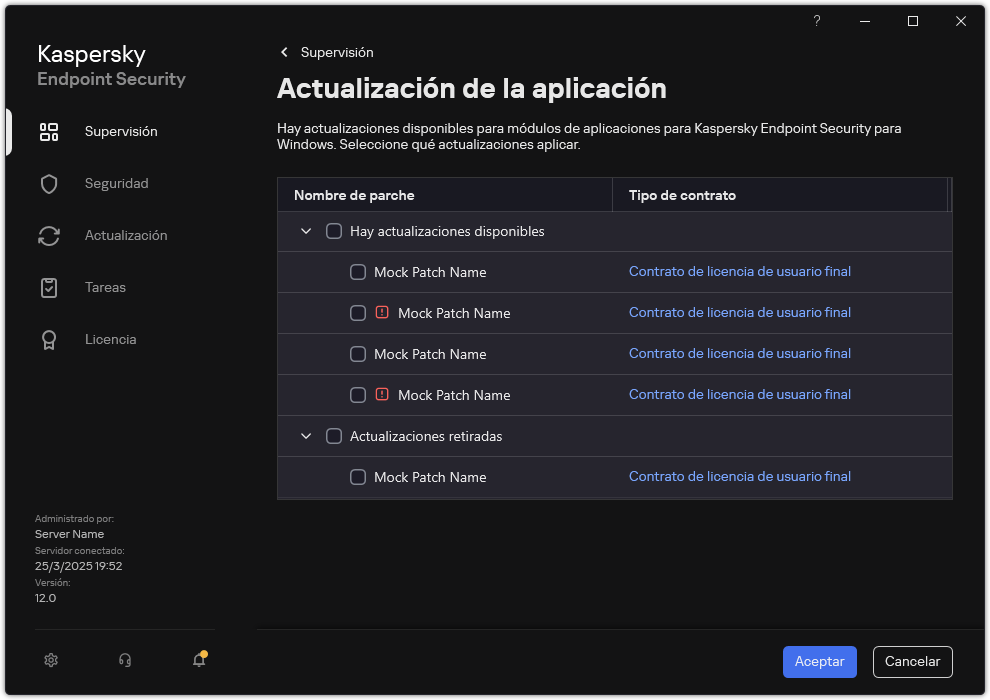 Ventana con una lista de parches disponibles. El usuario puede seleccionar parches y aceptar los términos y condiciones de los contratos.